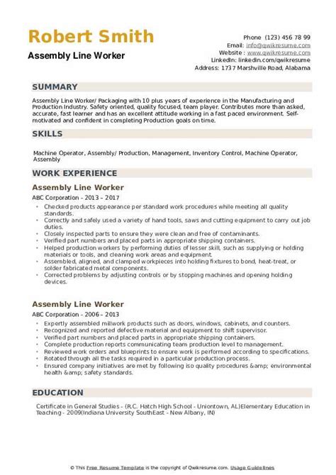 assembly line resume samples.
